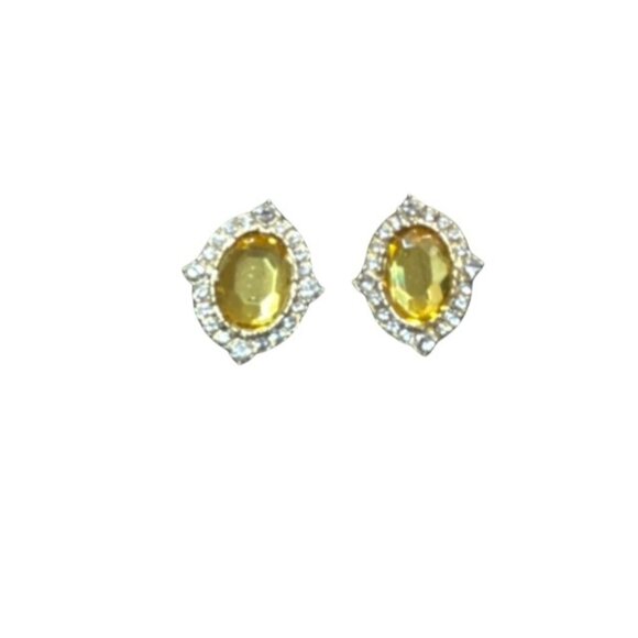 Elegant Gold & Yellow Crystal Clip-On Earrings With Rhinestone Accents - Picture 2 of 6